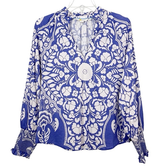 Boden Smocked Cuff Printed Cotton Blouse US Size 8 - Picture 2 of 10